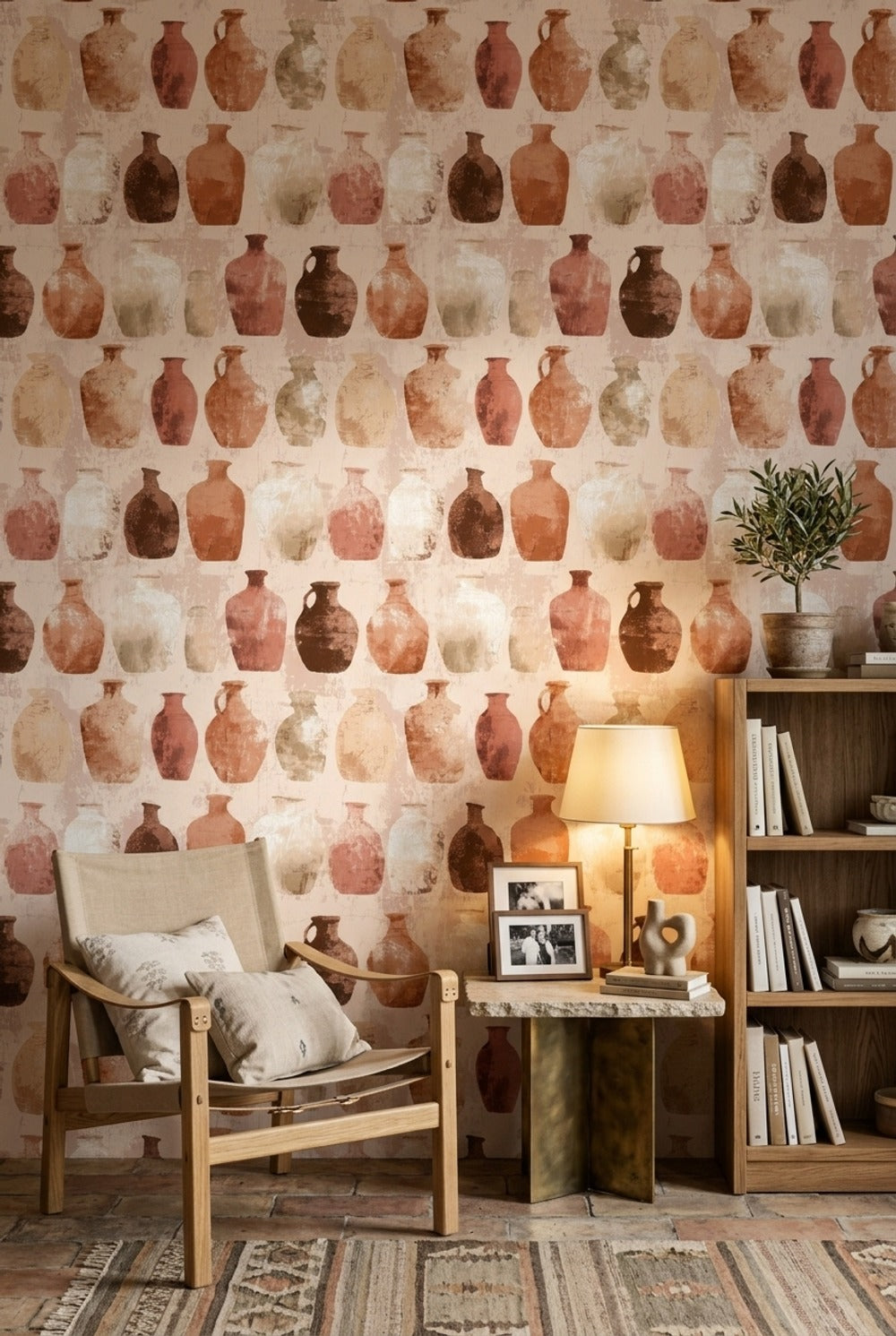 Terracotta Pottery Wallpaper Ceramic Vases Earthy Neutrals Removable Wall Decor