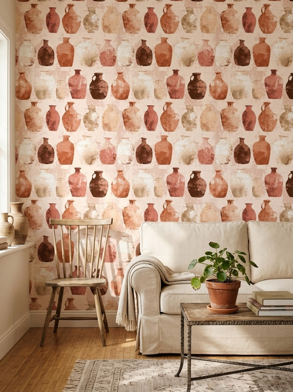 Terracotta Pottery Wallpaper Ceramic Vases Earthy Neutrals Removable Wall Decor