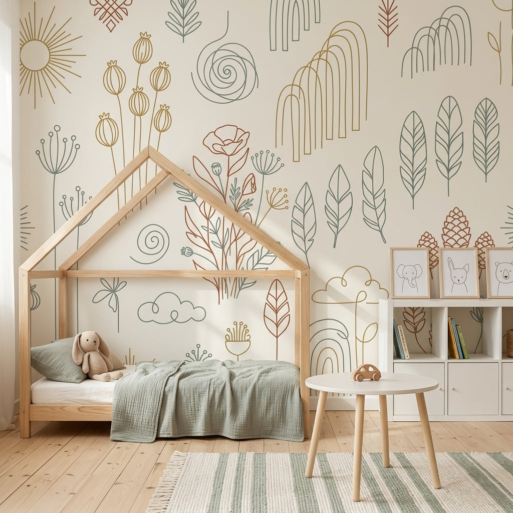 Minimalist Line Art Wallpaper Botanical Removable Scandinavian Wall Decor