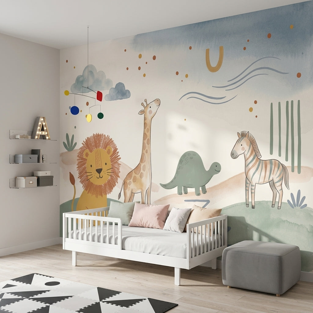 Safari Animals Wallpaper Nursery Wallpaper Watercolor Wall Mural