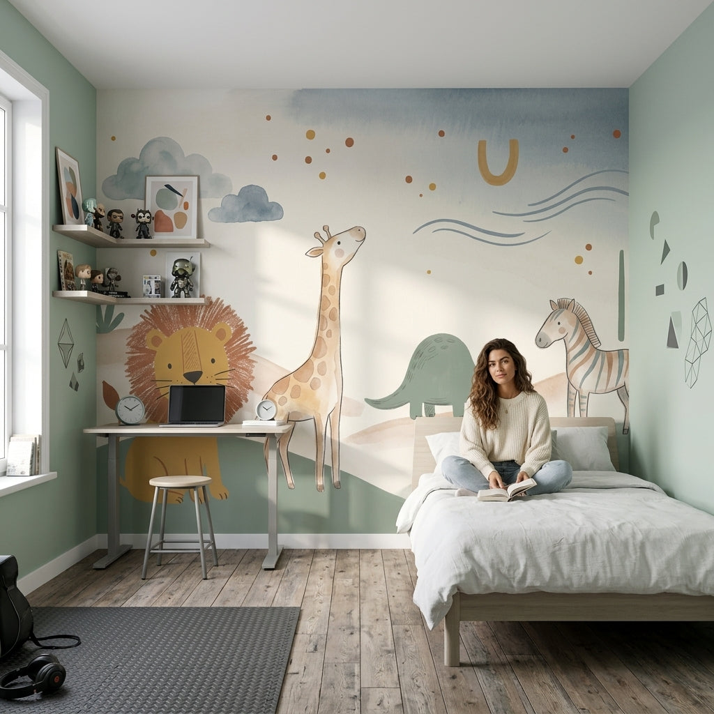 Safari Animals Wallpaper Nursery Wallpaper Watercolor Wall Mural