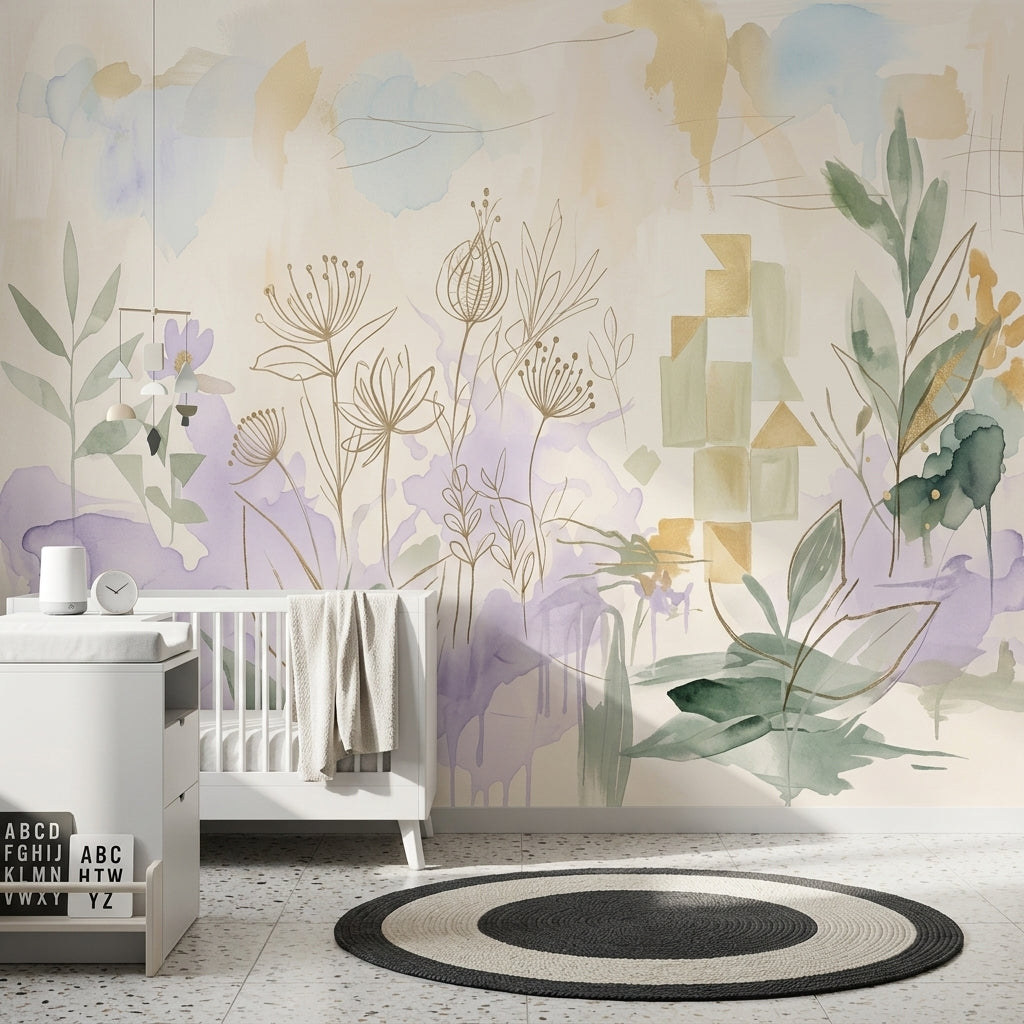 Muted Green Wallpaper Watercolor Wildflower Wall Mural