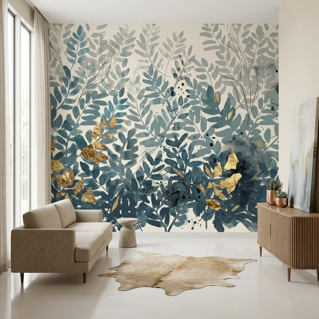 Botanical Leaves Wallpaper Watercolor Teal Blue Foliage Wall Mural