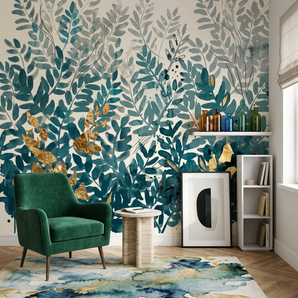 Botanical Leaves Wallpaper Watercolor Teal Blue Foliage Wall Mural