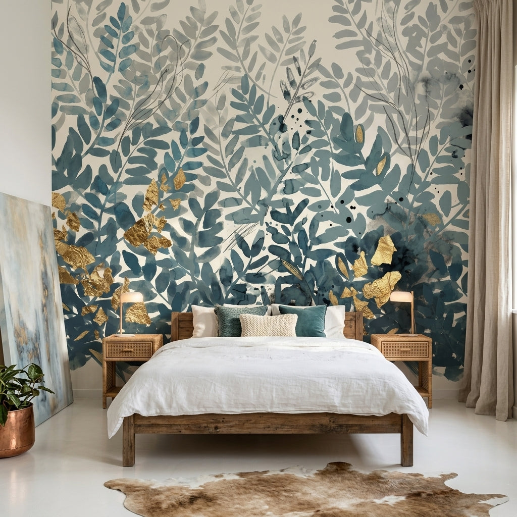 Botanical Leaves Wallpaper Watercolor Teal Blue Foliage Wall Mural