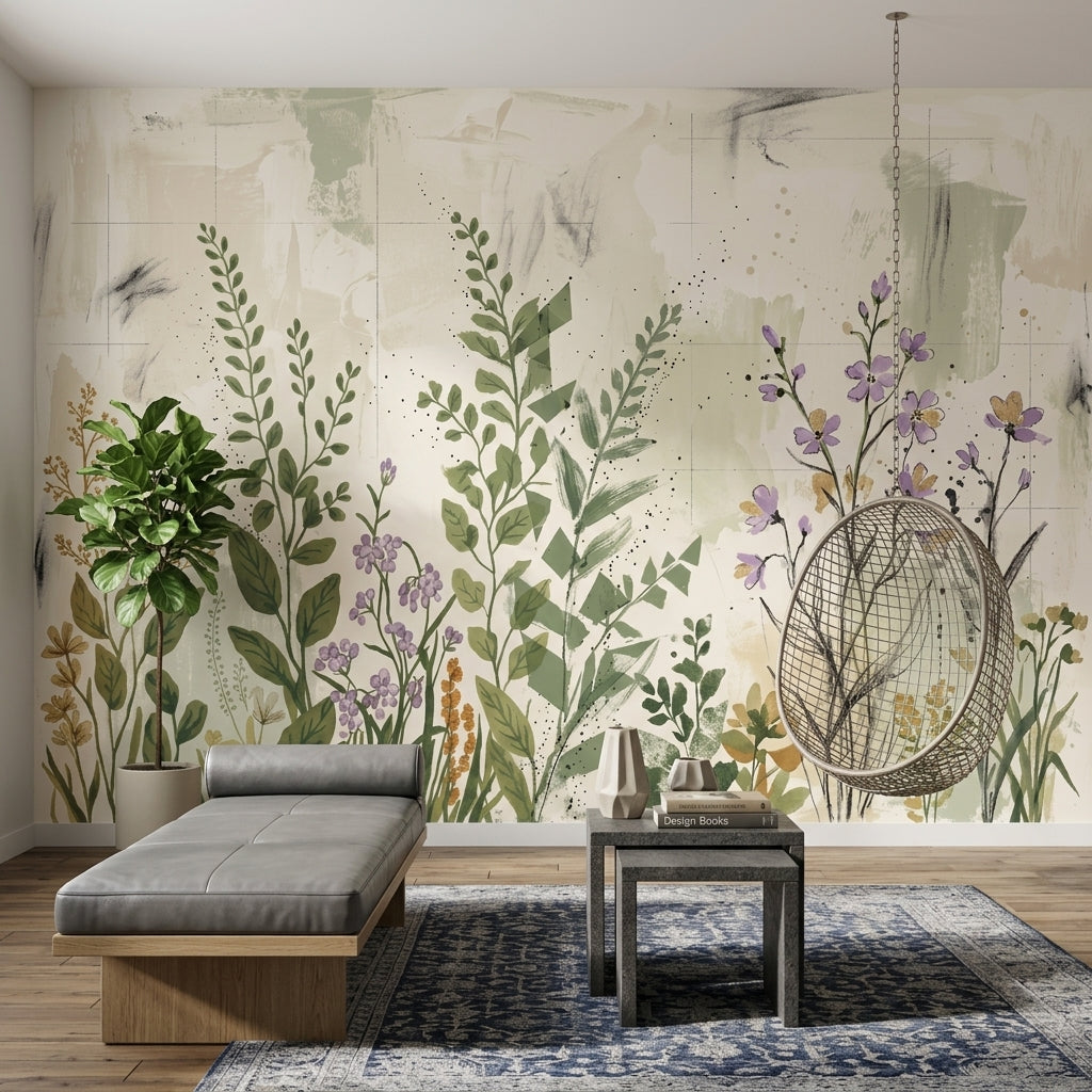 Muted Green Wallpaper Wildflower Watercolor Removable Wall Decor