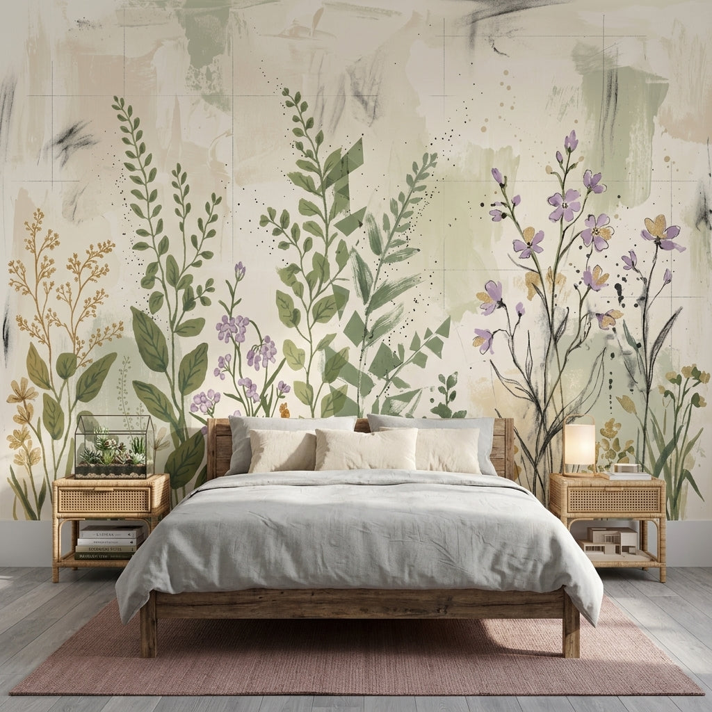 Muted Green Wallpaper Wildflower Watercolor Removable Wall Decor