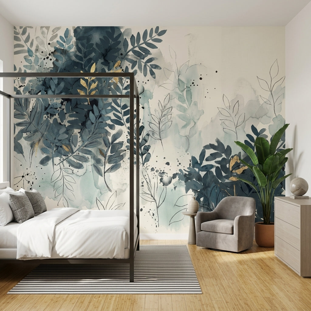 Botanical Wallpaper Watercolor Leaves Navy Blue Foliage Wall Mural