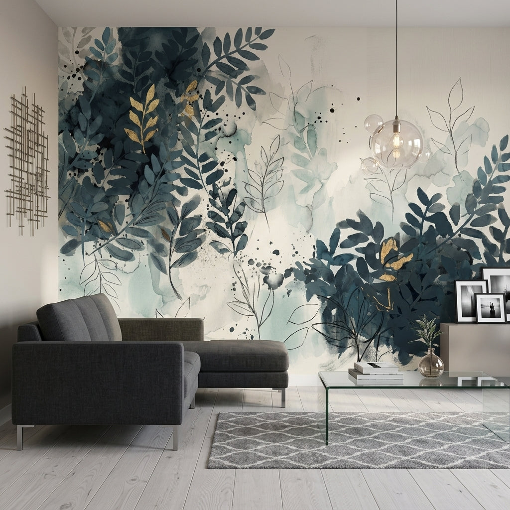 Botanical Wallpaper Watercolor Leaves Navy Blue Foliage Wall Mural