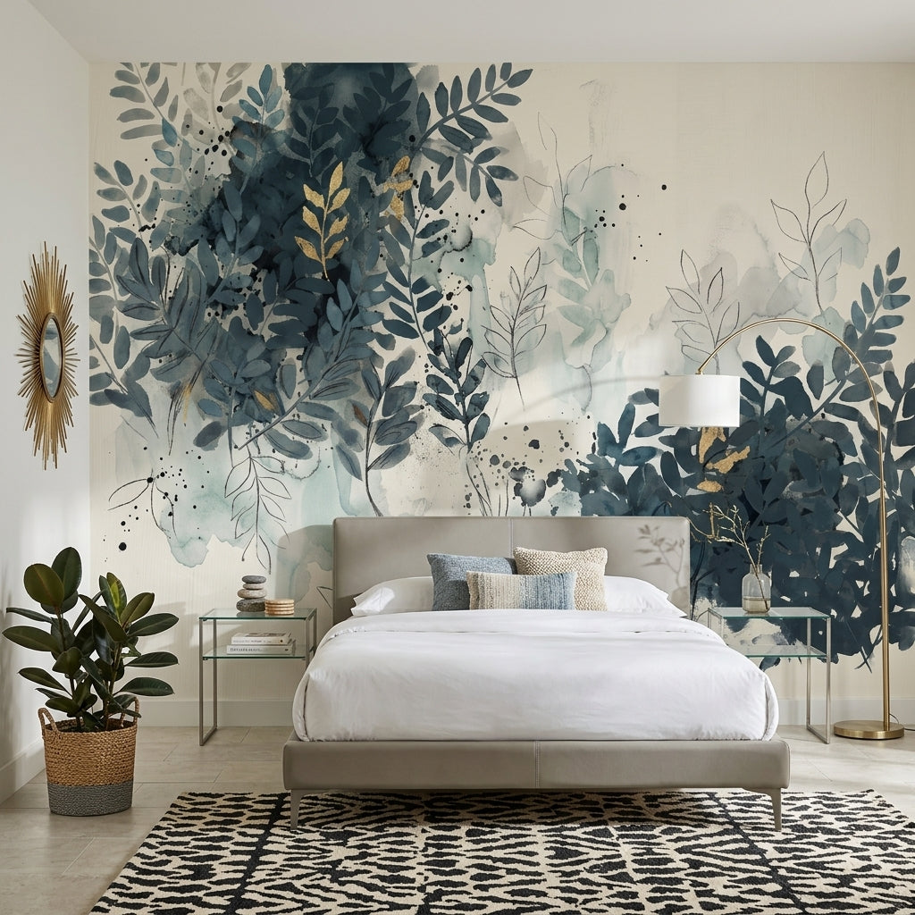 Botanical Wallpaper Watercolor Leaves Navy Blue Foliage Wall Mural