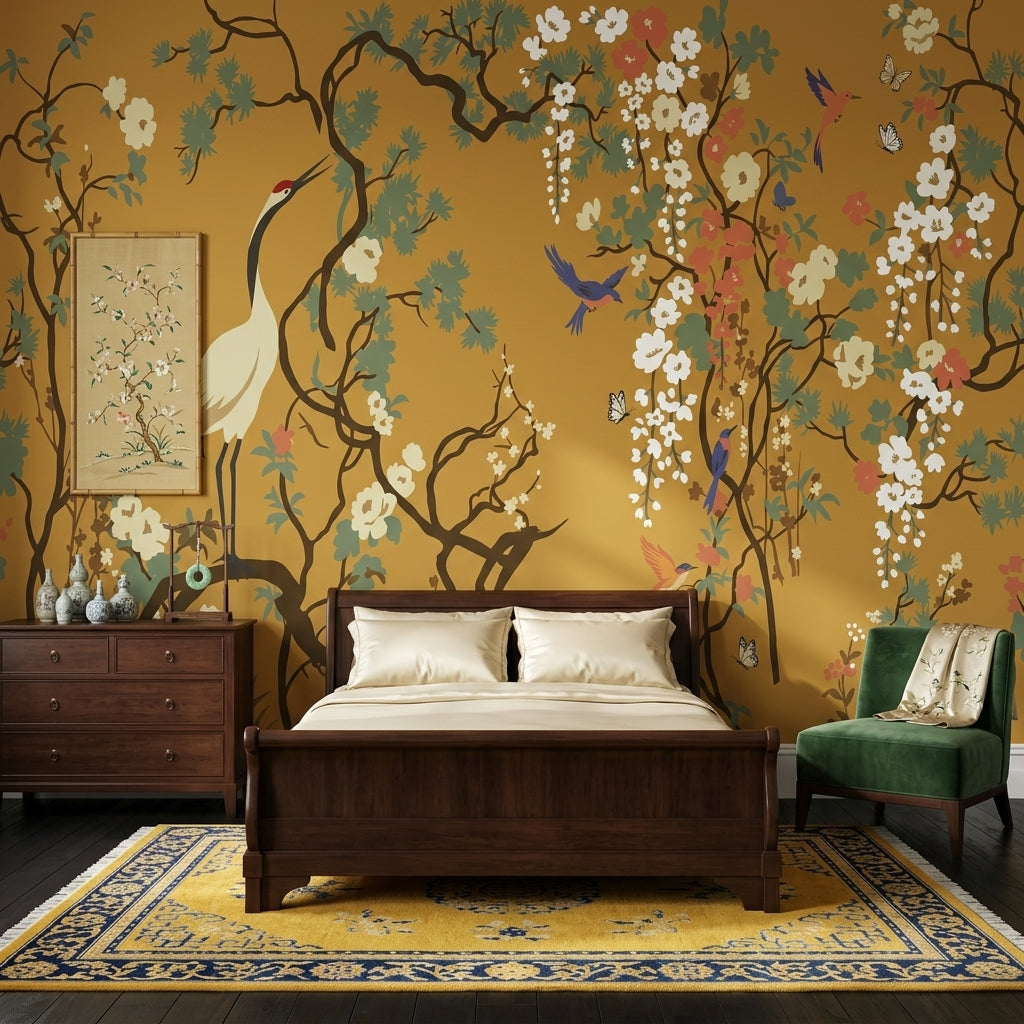 Chinoiserie Wallpaper Gold Background Crane Bird Wall Mural