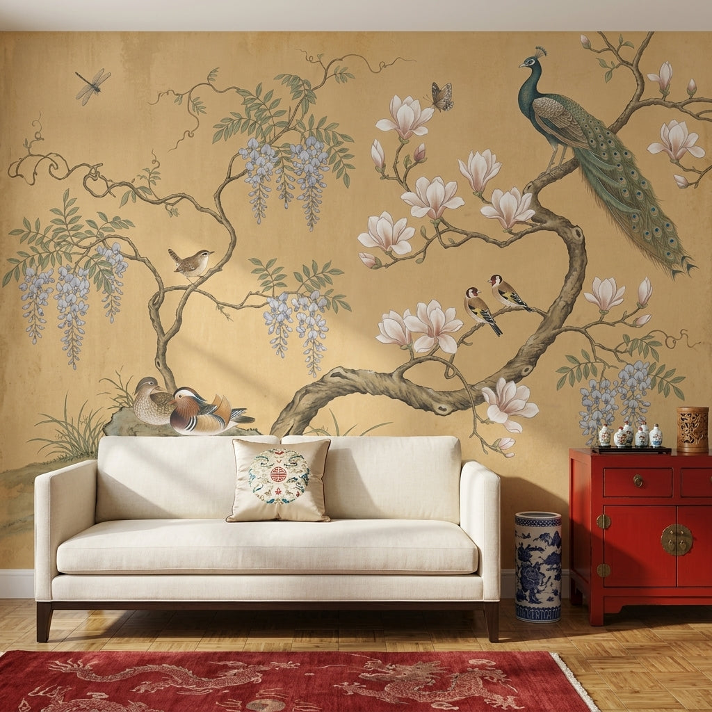 Chinoiserie Inspired Wallpaper Magnolia Blossoms Beige Parchment Background Removable Wall Decor
