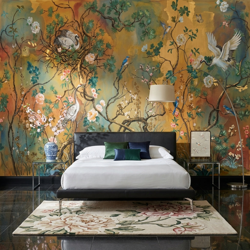 Chinoiserie Wallpaper Floral Branches Cranes Wall Mural