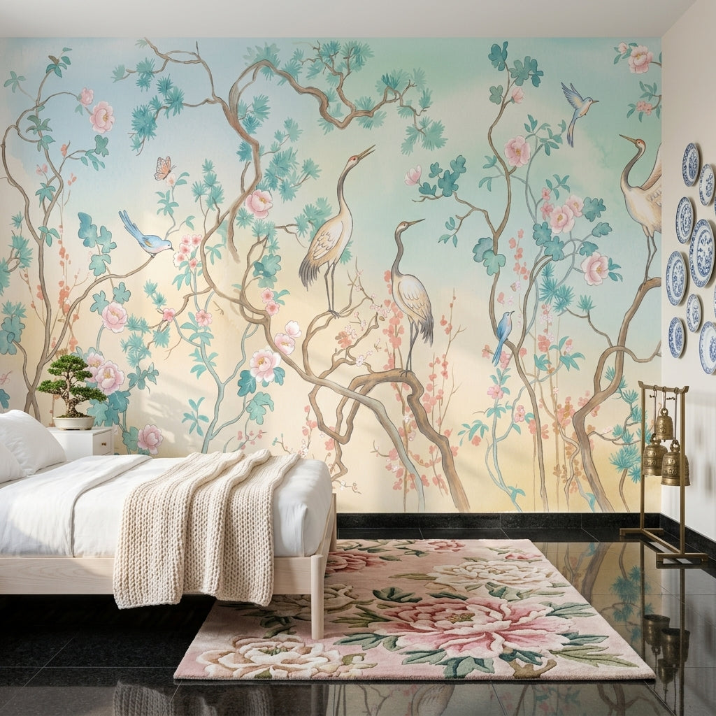 Oriental Chinoiserie Wallpaper Floral Branches Cranes Removable Wall Decor