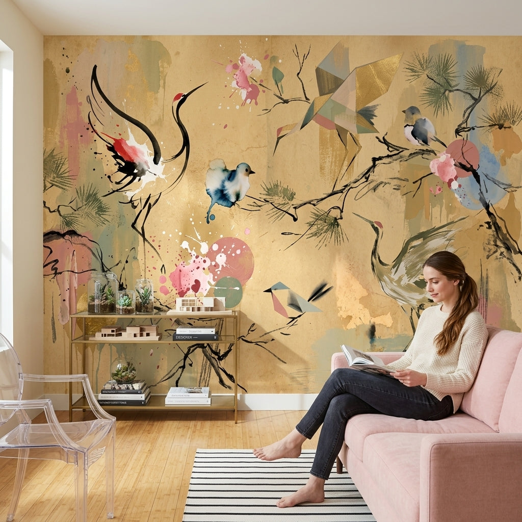 Muted Green Wallpaper Oriental Bird Wall Mural