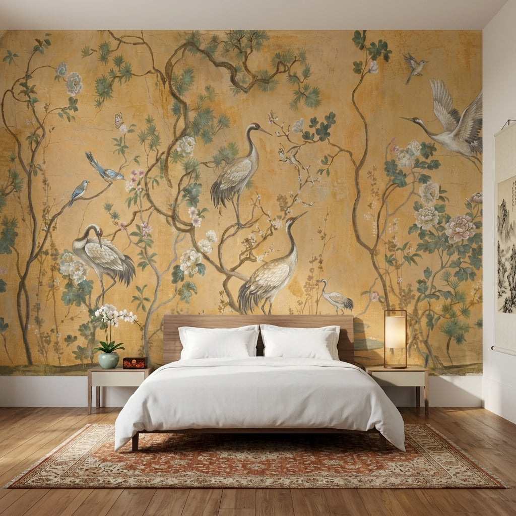 Oriental Chinoiserie Wallpaper Cranes Removable Peony Blossoms Wall Decor