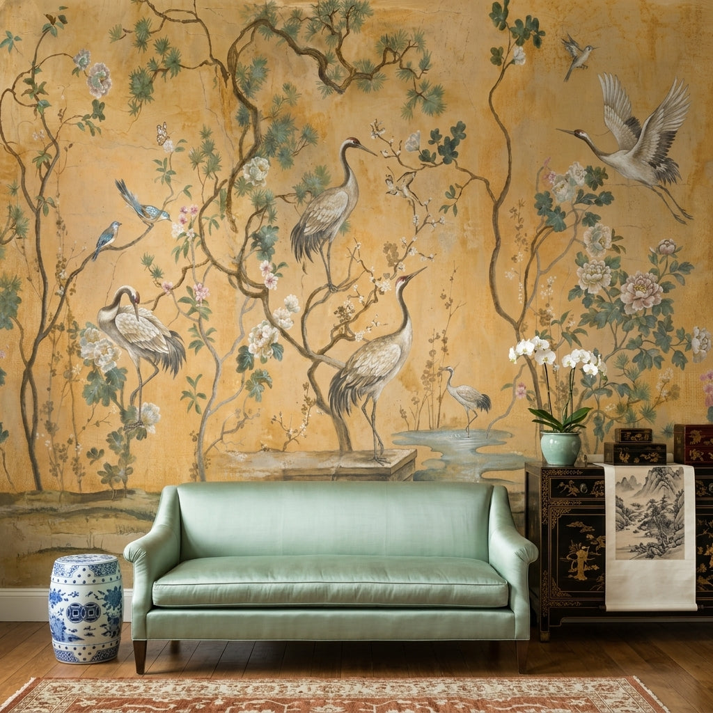 Oriental Chinoiserie Wallpaper Cranes Removable Peony Blossoms Wall Decor