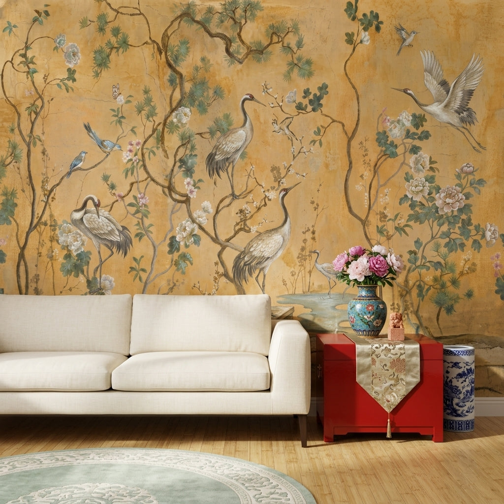 Oriental Chinoiserie Wallpaper Cranes Removable Peony Blossoms Wall Decor