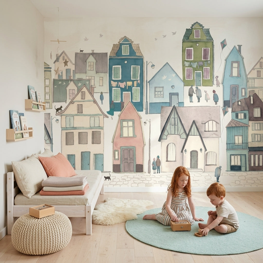 Village Wallpaper Pastel Watercolor Wall Mural