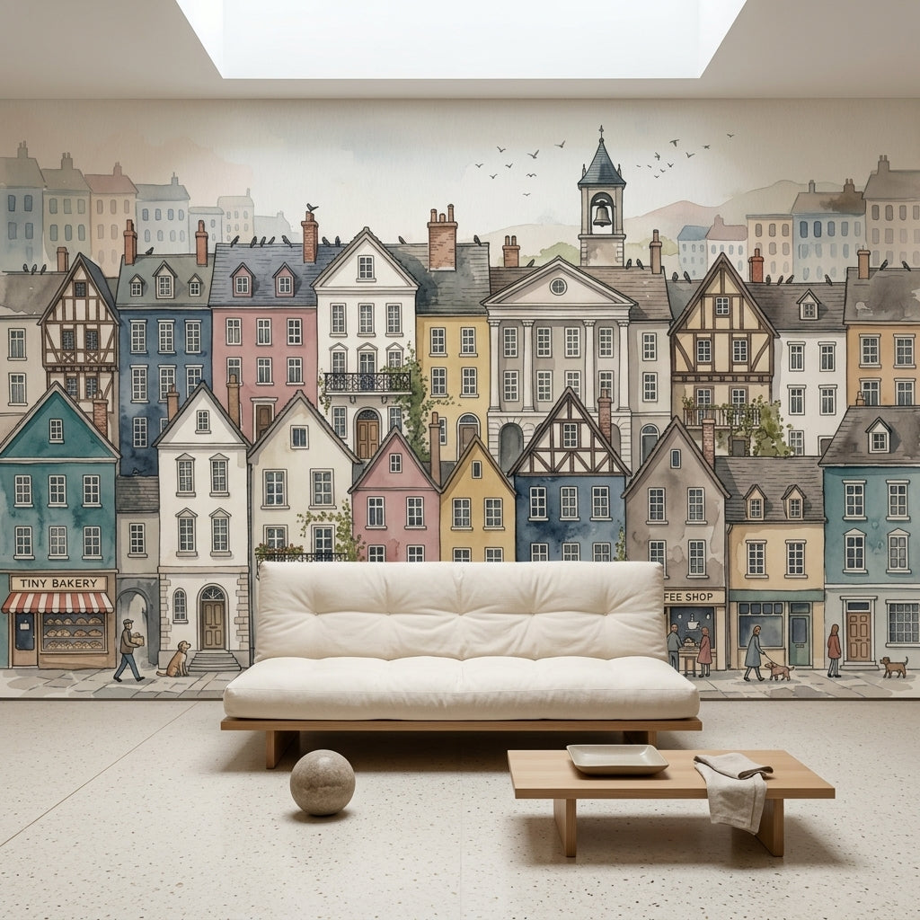 European Streetscape Wallpaper Watercolor Town Removable Pastel Buildings Wall Decor