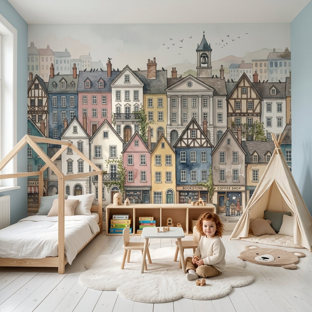 European Streetscape Wallpaper Watercolor Town Removable Pastel Buildings Wall Decor