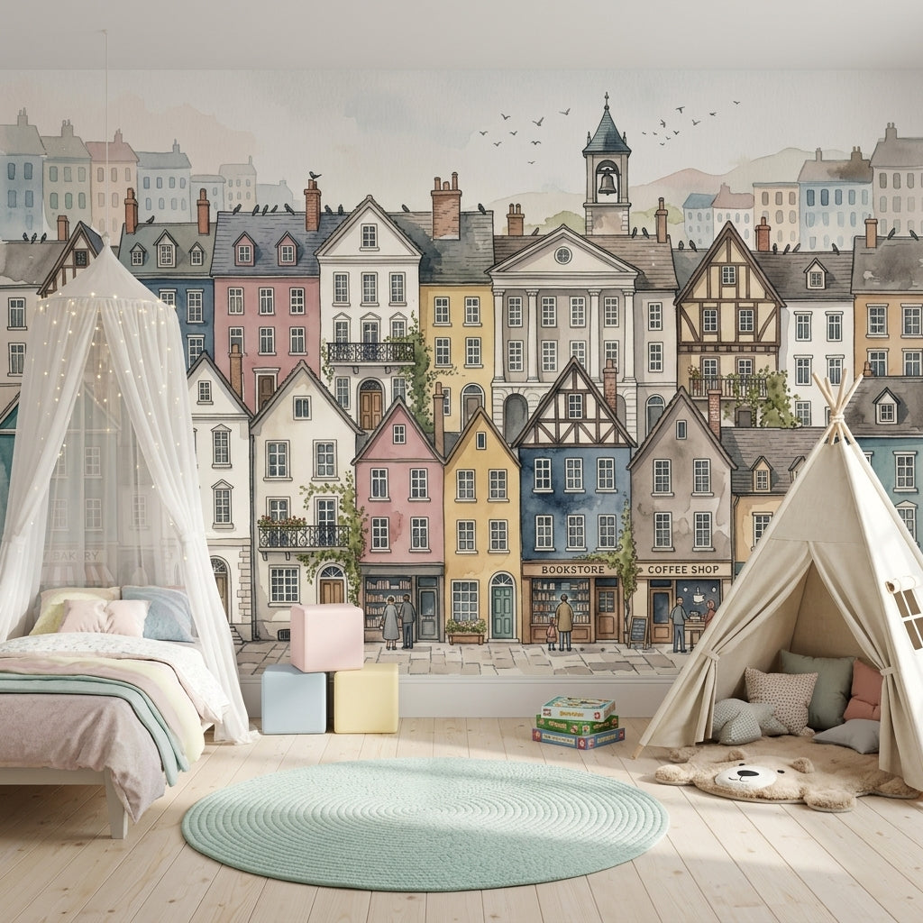 European Streetscape Wallpaper Watercolor Town Removable Pastel Buildings Wall Decor