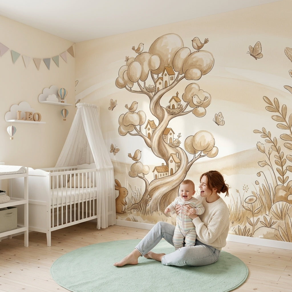 Whimsical Landscape Wallpaper Storybook Illustration Tree With Houses Removable Wall Decor