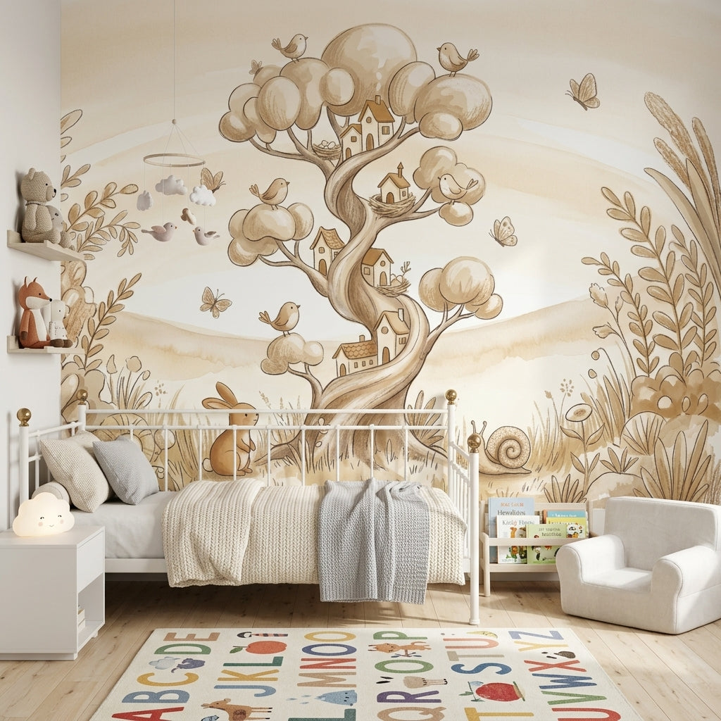 Whimsical Landscape Wallpaper Storybook Illustration Tree With Houses Removable Wall Decor