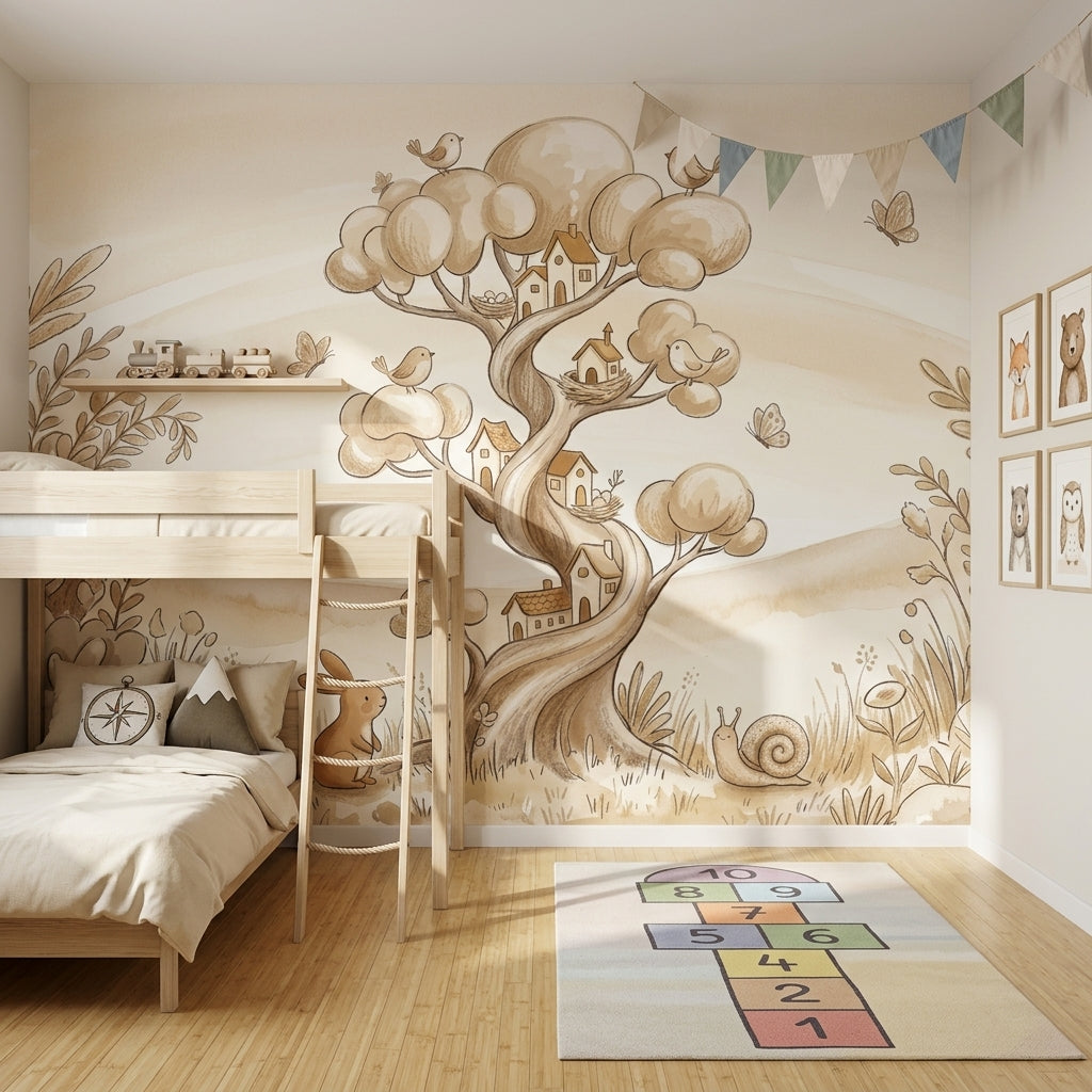 Whimsical Landscape Wallpaper Storybook Illustration Tree With Houses Removable Wall Decor