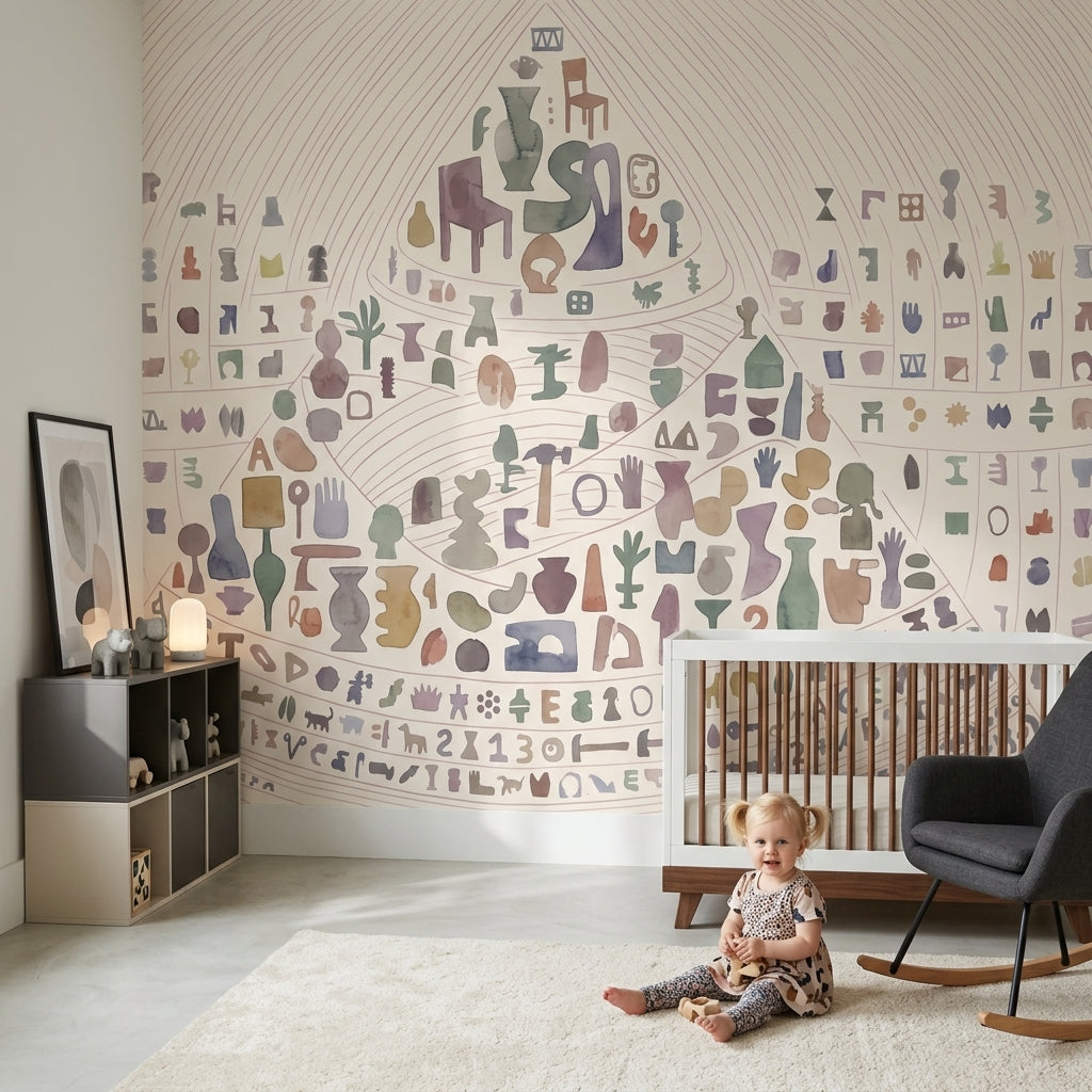 Abstract Icons Wallpaper Watercolor Curved Linework Wall Mural