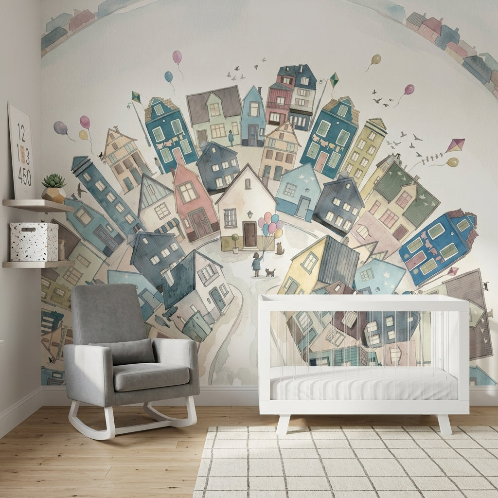 Whimsical Town Wallpaper Circular Village Removable Pastel Houses Wall Decor