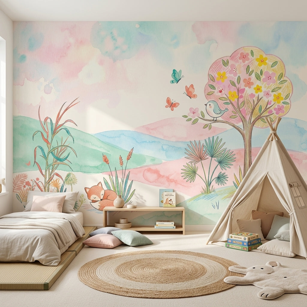 Pastel Landscape Wallpaper Watercolor Whimsical Nursery Removable Wall Decor