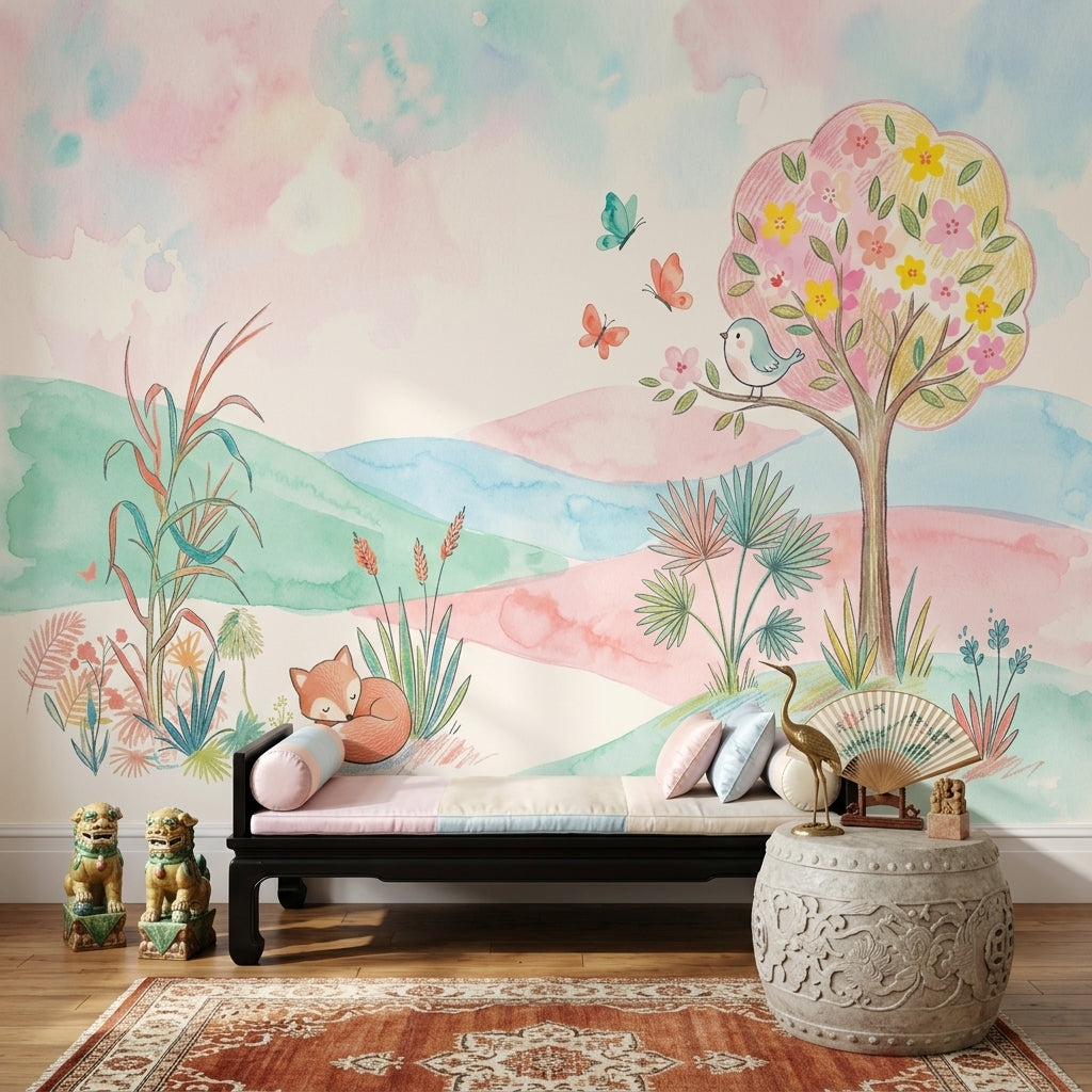 Pastel Landscape Wallpaper Watercolor Whimsical Nursery Removable Wall Decor