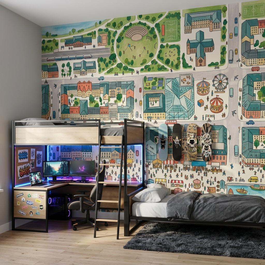 Illustrated City Map Wallpaper Urban Landscape Removable Amusement Park Wall Decor