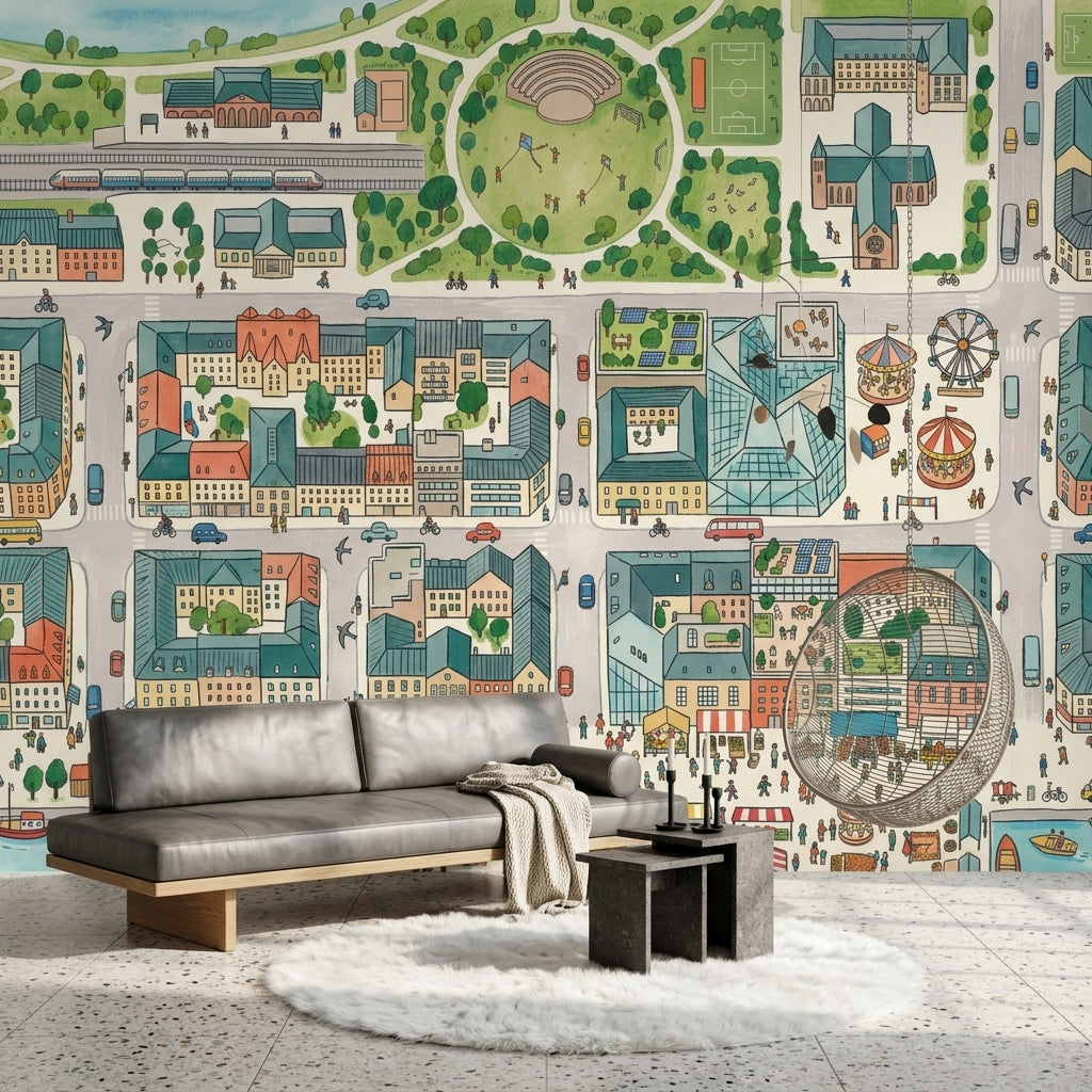 Illustrated City Map Wallpaper Urban Landscape Removable Amusement Park Wall Decor