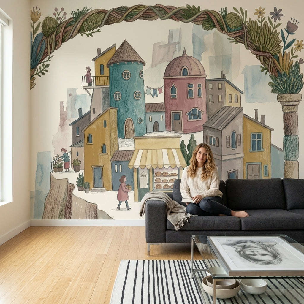 Whimsical Village Wallpaper Mediterranean Town Bakery Storefront Removable Wall Decor
