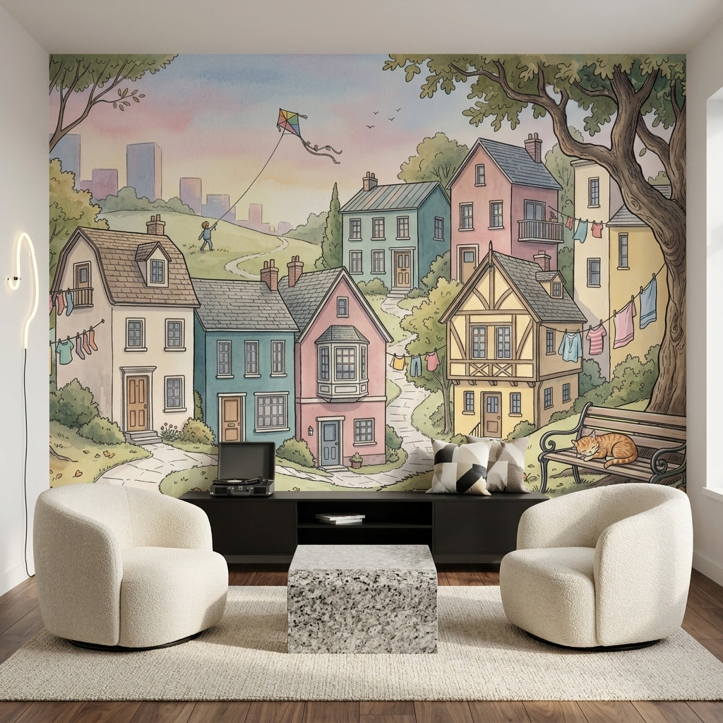 Pastel Village Wallpaper Landscape Illustration Cozy Neighborhood Removable Wall Decor