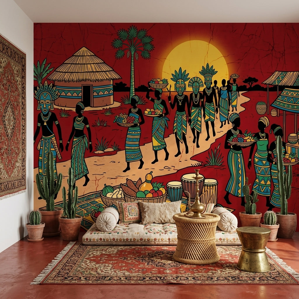 African Village Wallpaper Market Scene Sunset Wall Mural