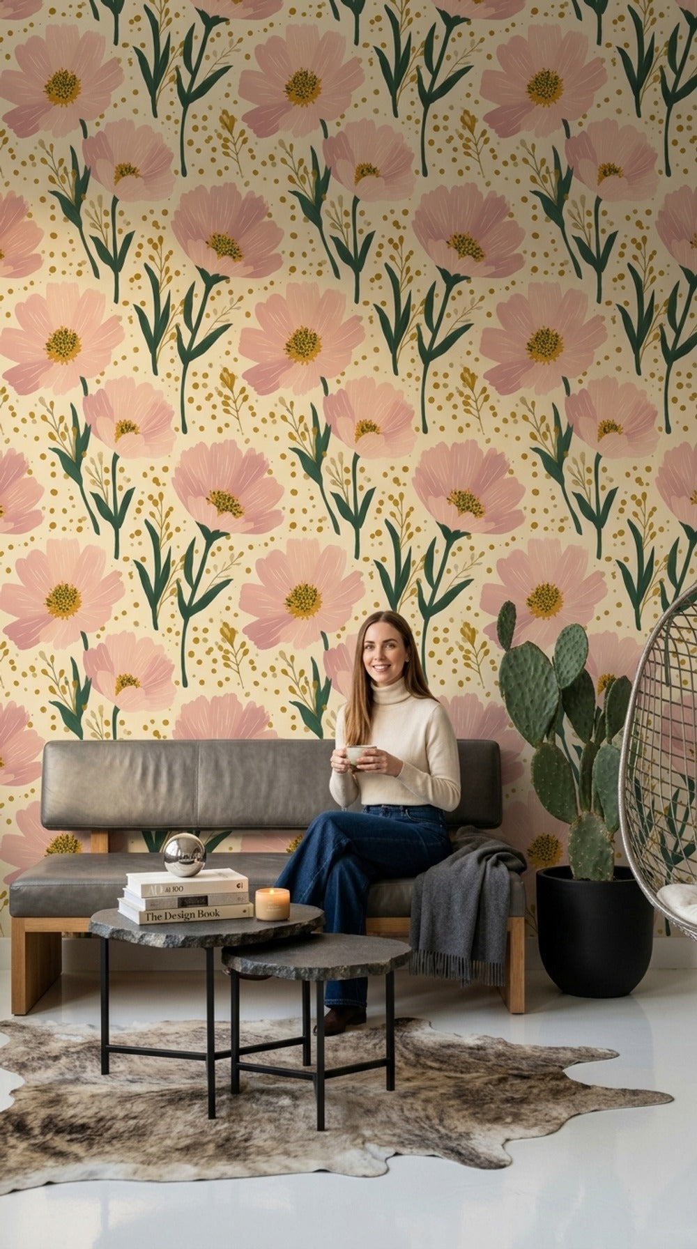 Floral Wallpaper Pink Blossoms Cream Background Removable Wall Decor
