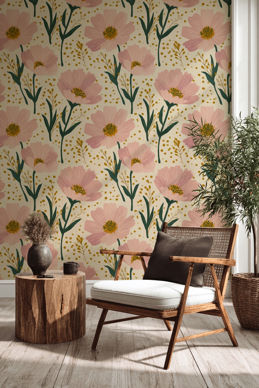 Floral Wallpaper Pink Blossoms Cream Background Removable Wall Decor
