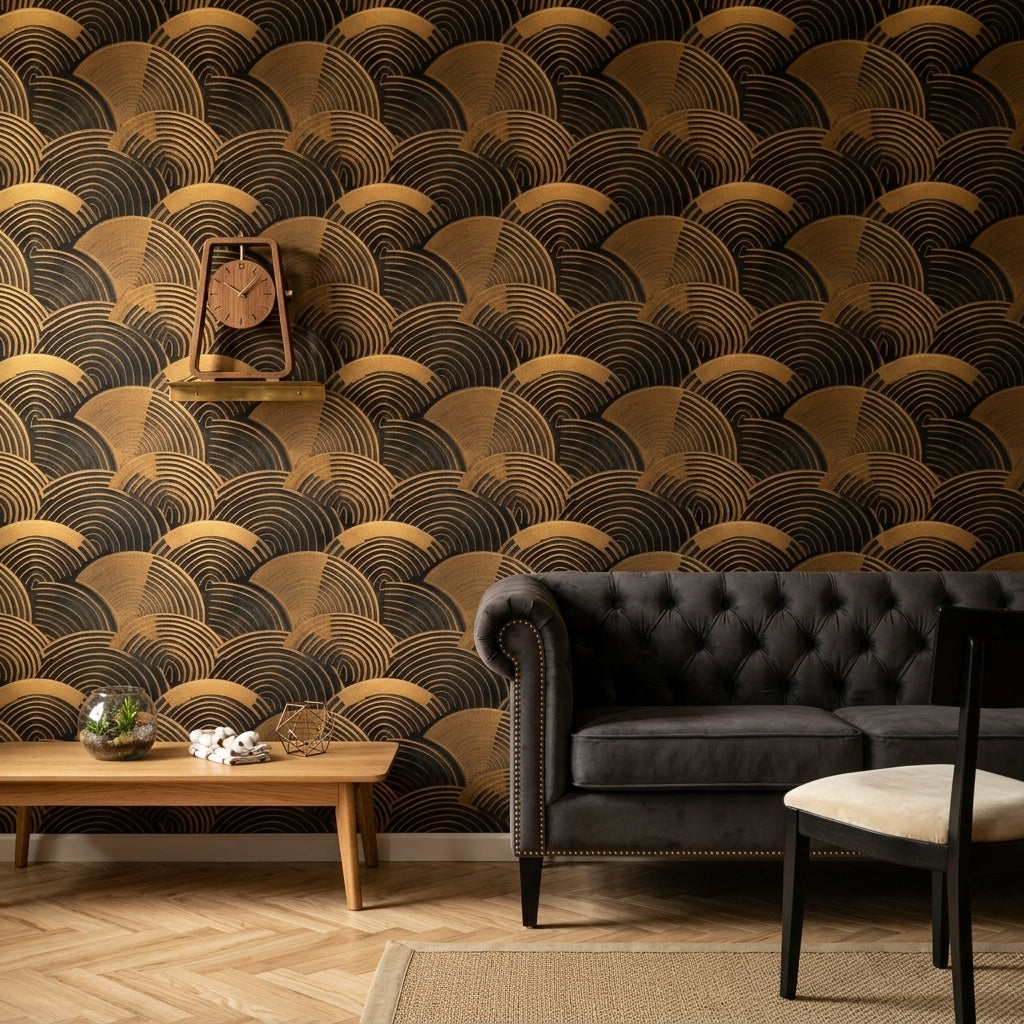 Art Deco Wallpaper Geometric Arcs Metallic Texture Removable Wall Decor
