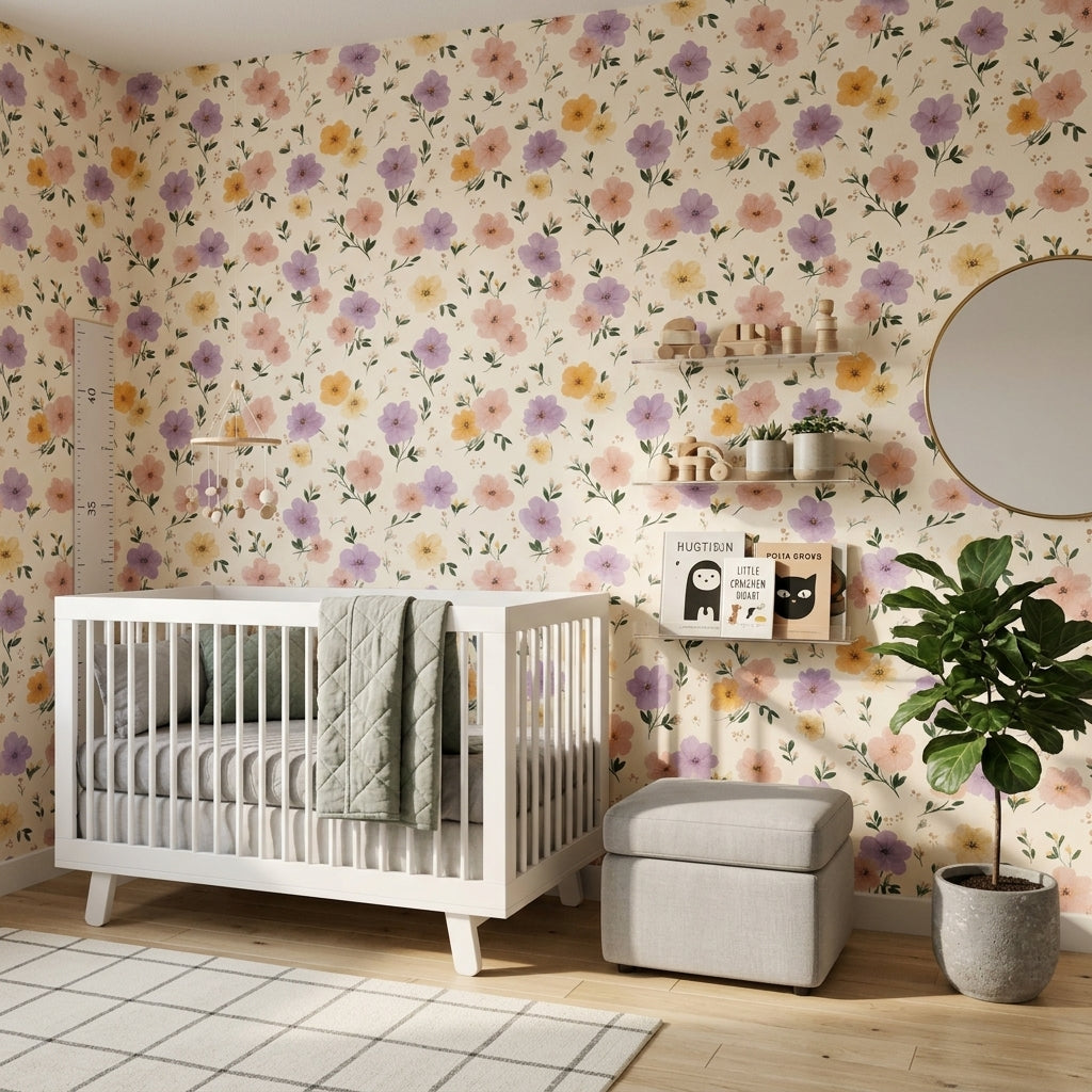 Pastel Floral Wallpaper Cream Background Removable Watercolor Flowers Wall Decor