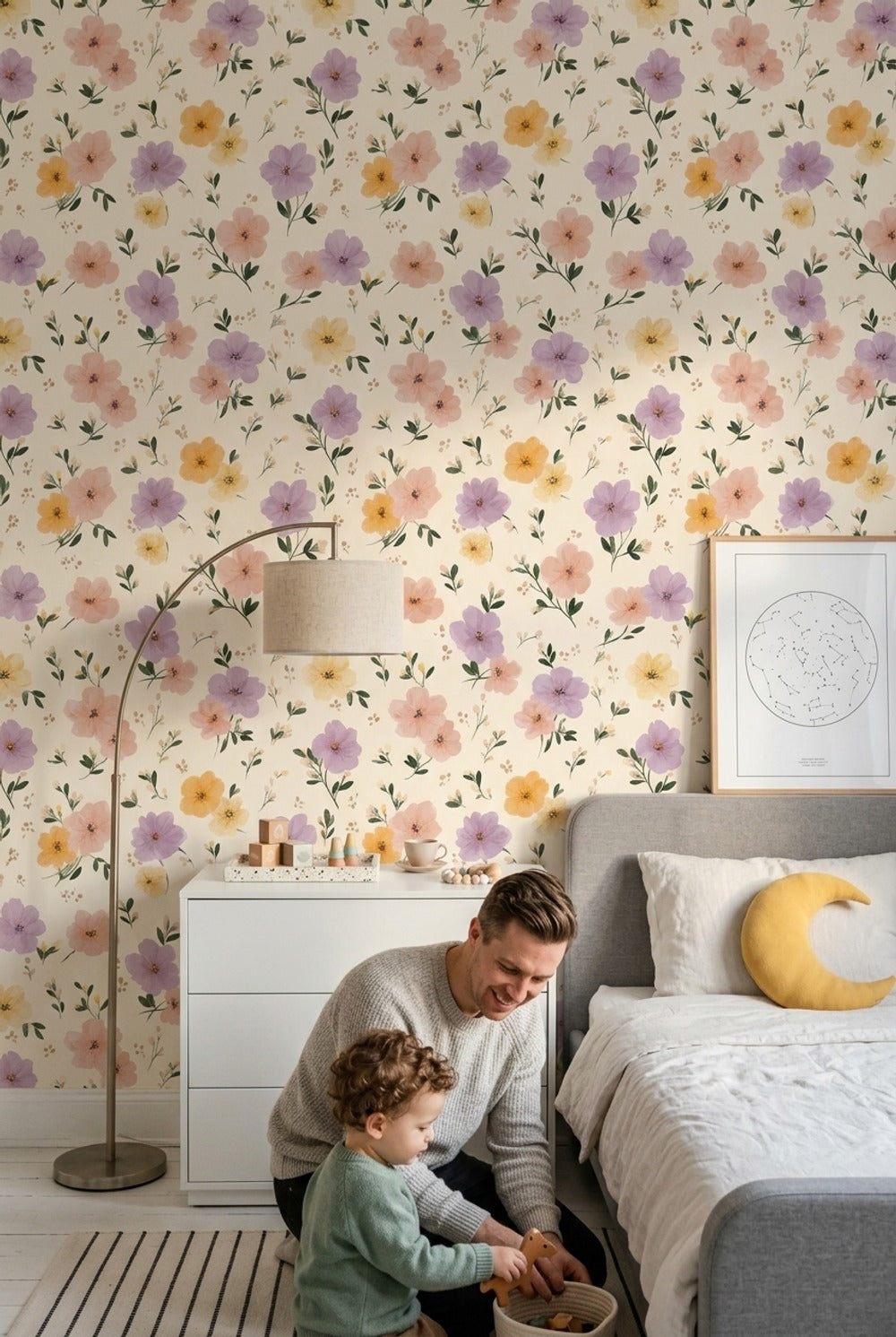 Pastel Floral Wallpaper Cream Background Removable Watercolor Flowers Wall Decor