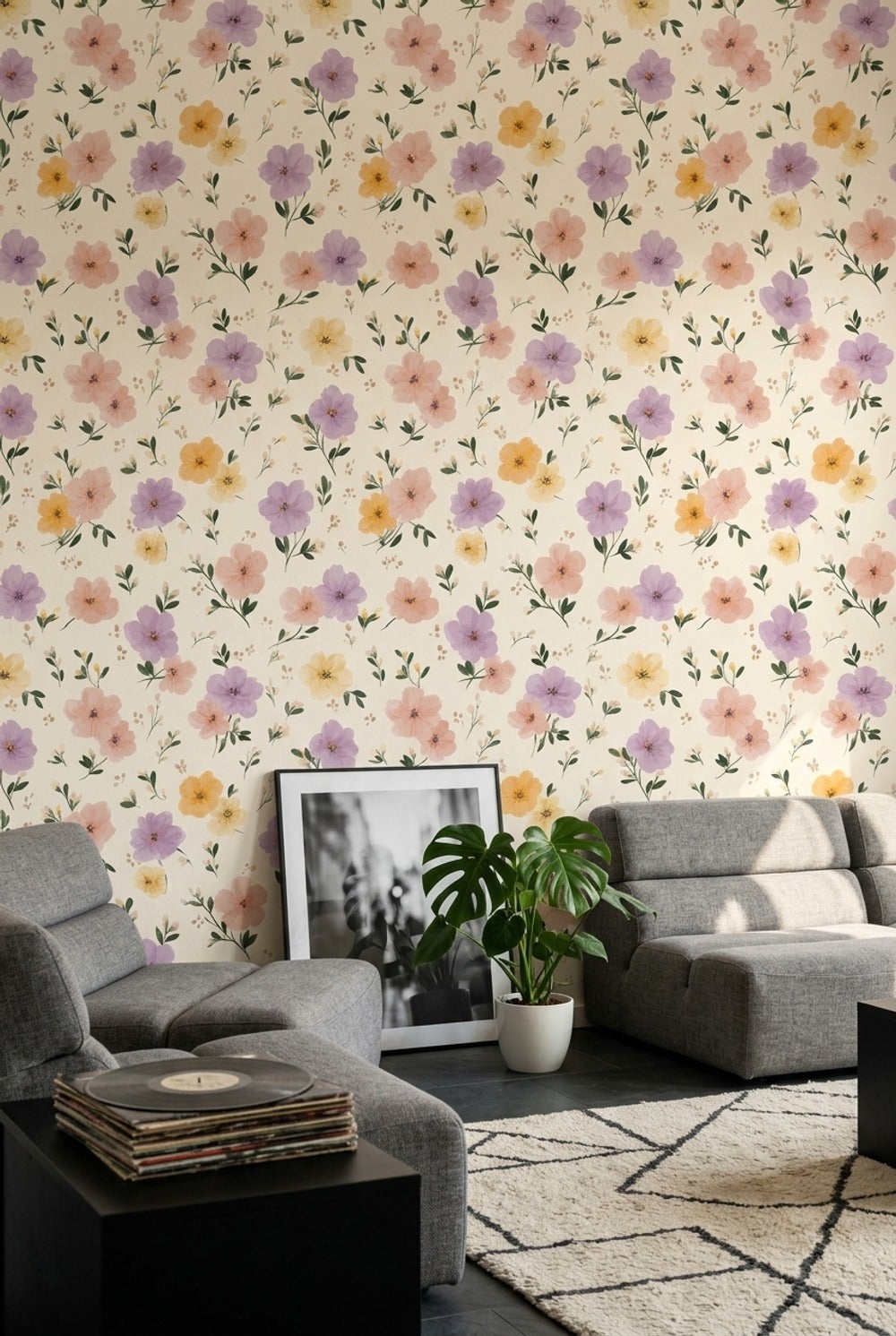 Pastel Floral Wallpaper Cream Background Removable Watercolor Flowers Wall Decor
