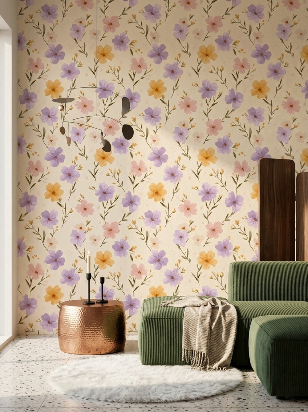 Pastel Flowers Wallpaper Cream Background Watercolor Decorative Mural
