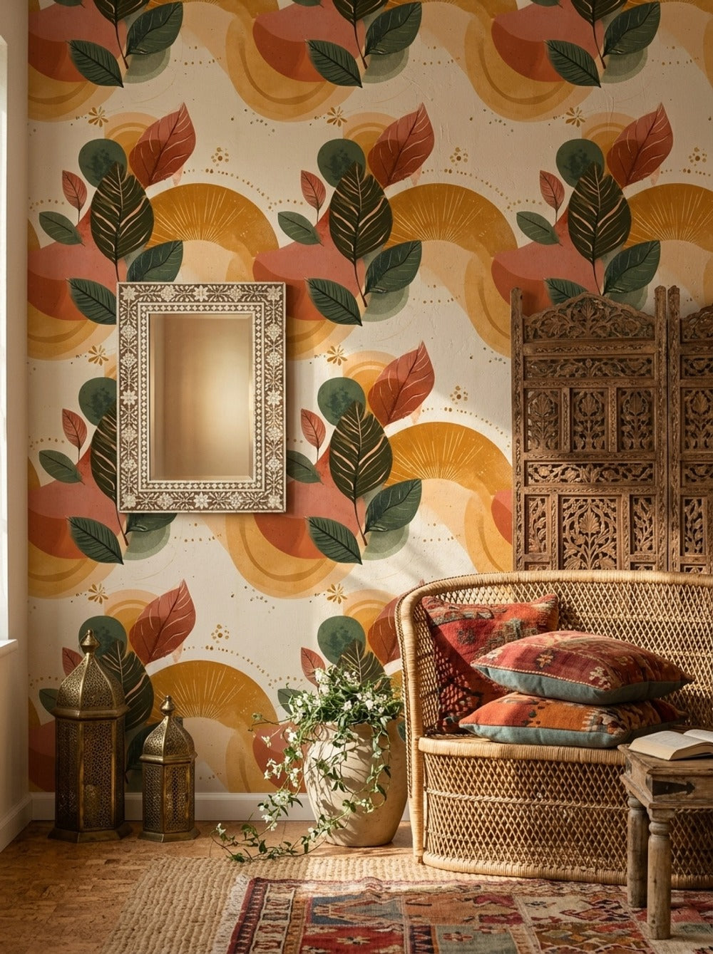 Botanical Leaves Wallpaper Abstract Circles Removable Mid Century Inspired Wall Decor