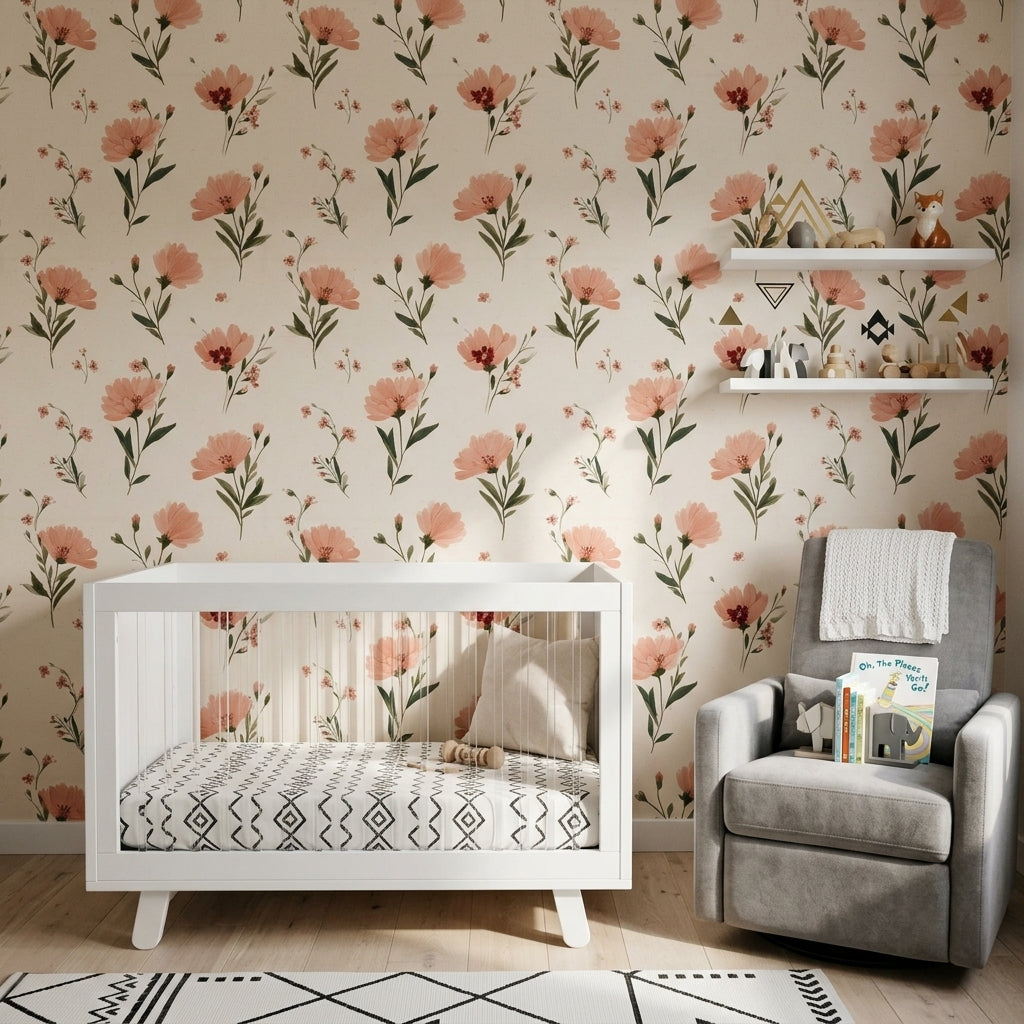 Floral Wallpaper Peach Pink Flowers Cream Background Decorative Mural