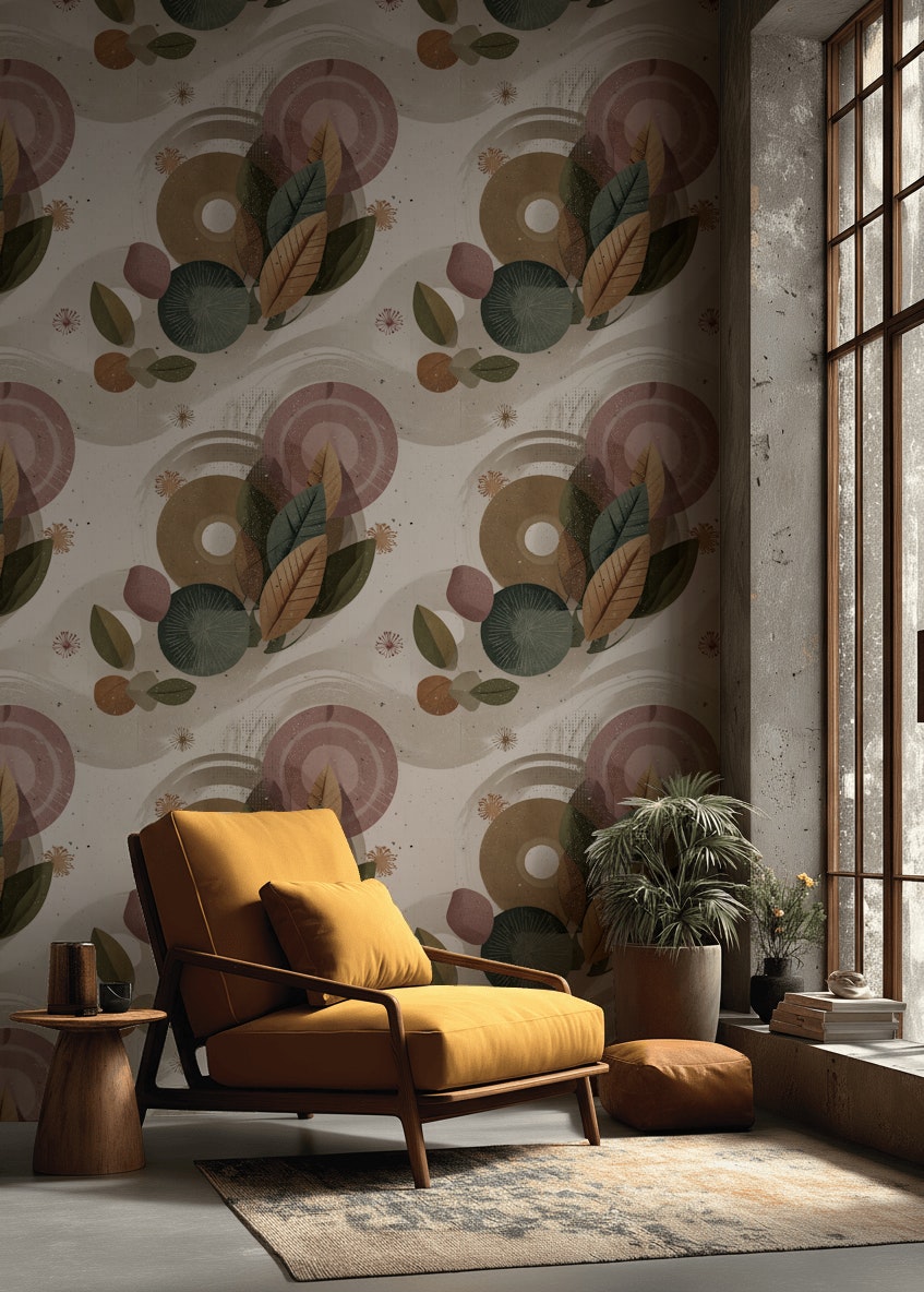 Retro Abstract Wallpaper Geometric Leaves Pattern Wall Mural