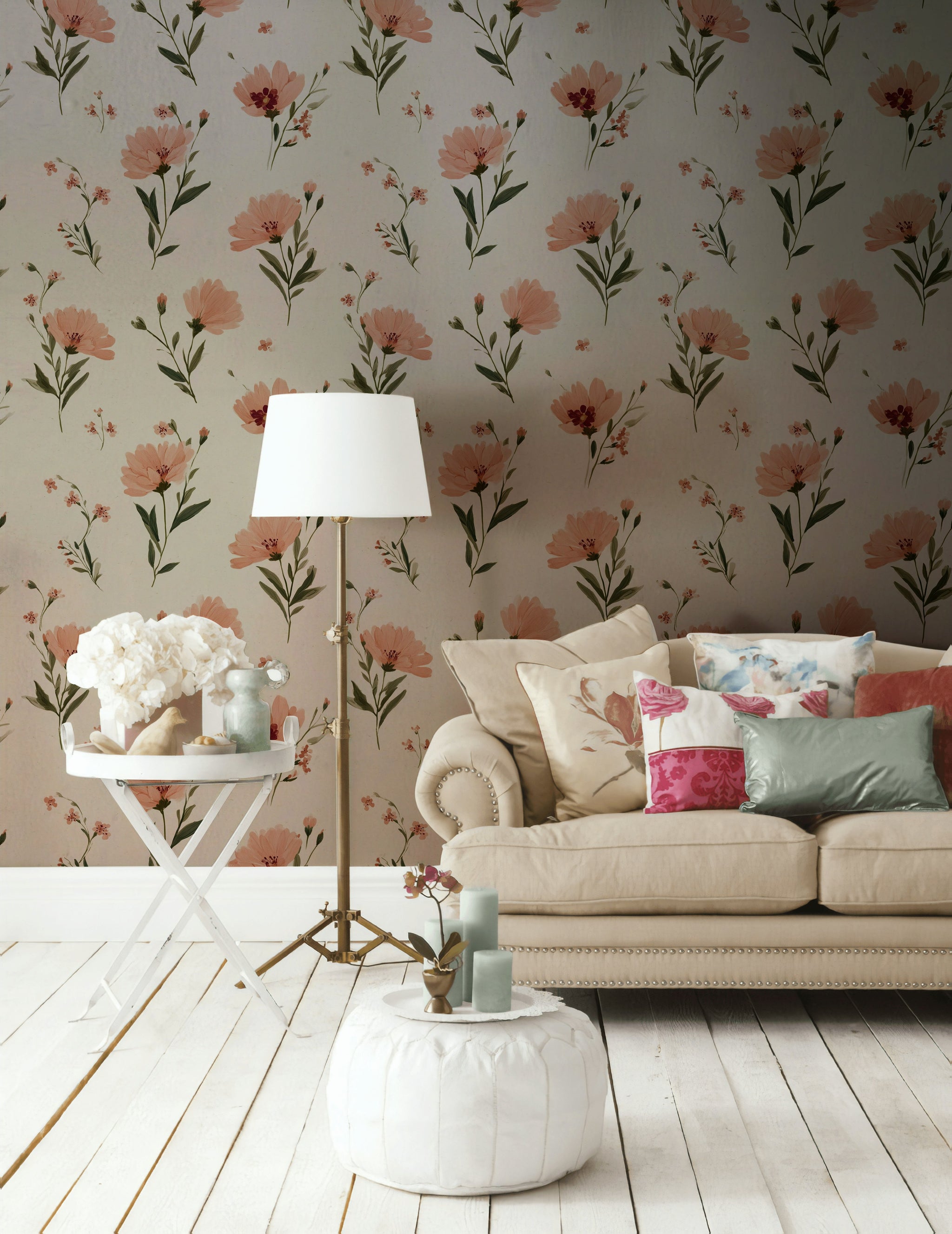 Floral Wallpaper Peach Pink Flowers Cream Background Decorative Mural