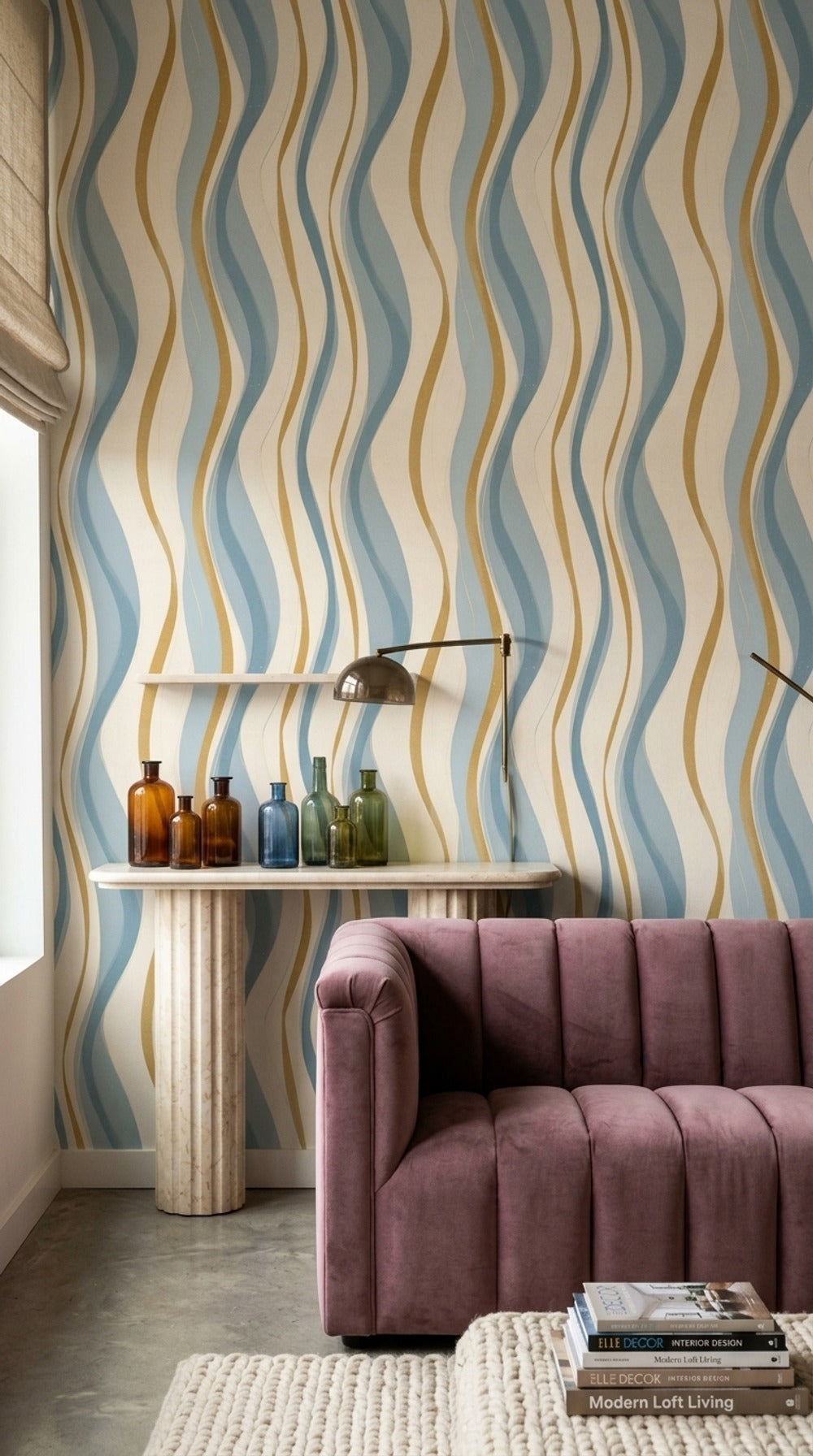 Abstract Wavy Stripes Wallpaper Blue And Gold Light Neutral Background Removable Wall Decor